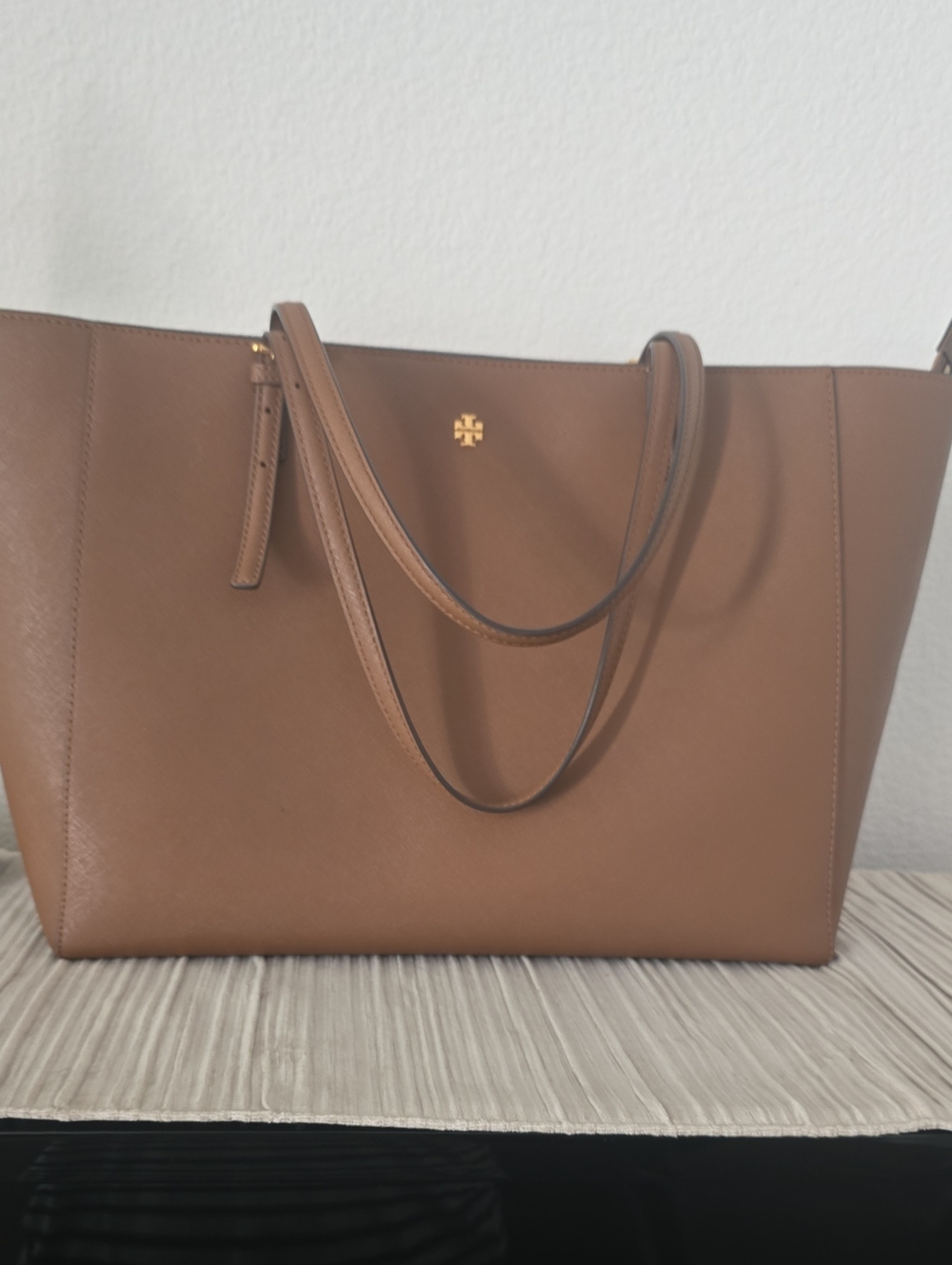 Tory Burch Medium Brown Leather Tote with Gold Logo